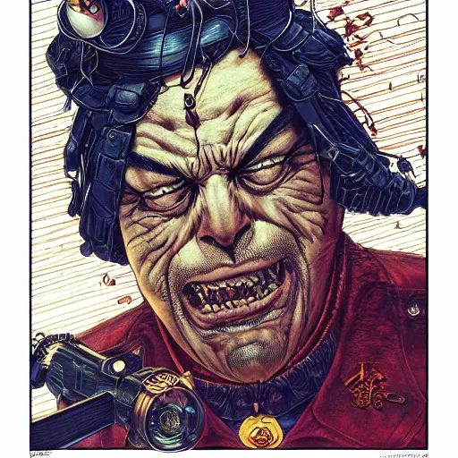 Prompt: portrait of crazy grumpy captain, symmetrical, by yoichi hatakenaka, masamune shirow, josan gonzales and dan mumford, ayami kojima, takato yamamoto, barclay shaw, karol bak, yukito kishiro