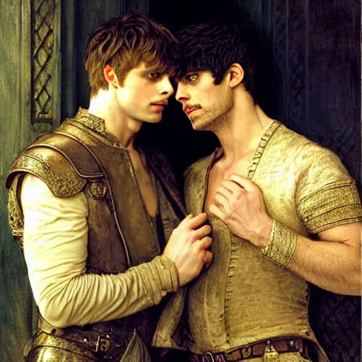 Prompt: attractive arthur pendragon ( bradley james ) with male merlin ( colin morgan ). they are in love. highly detailed painting by gaston bussiere, craig mullins, j. c. leyendecker