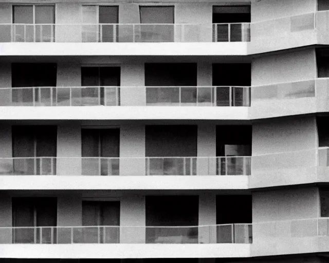 Image similar to a still of a woman standing on a brutalist white balcony, by the beach, minimalist composition, in a TV ad from 1987