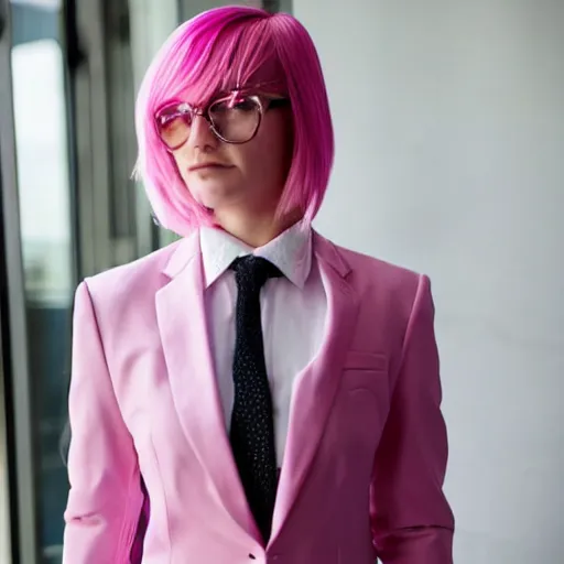 Prompt: a girl with pink hair wearing a suit and tie