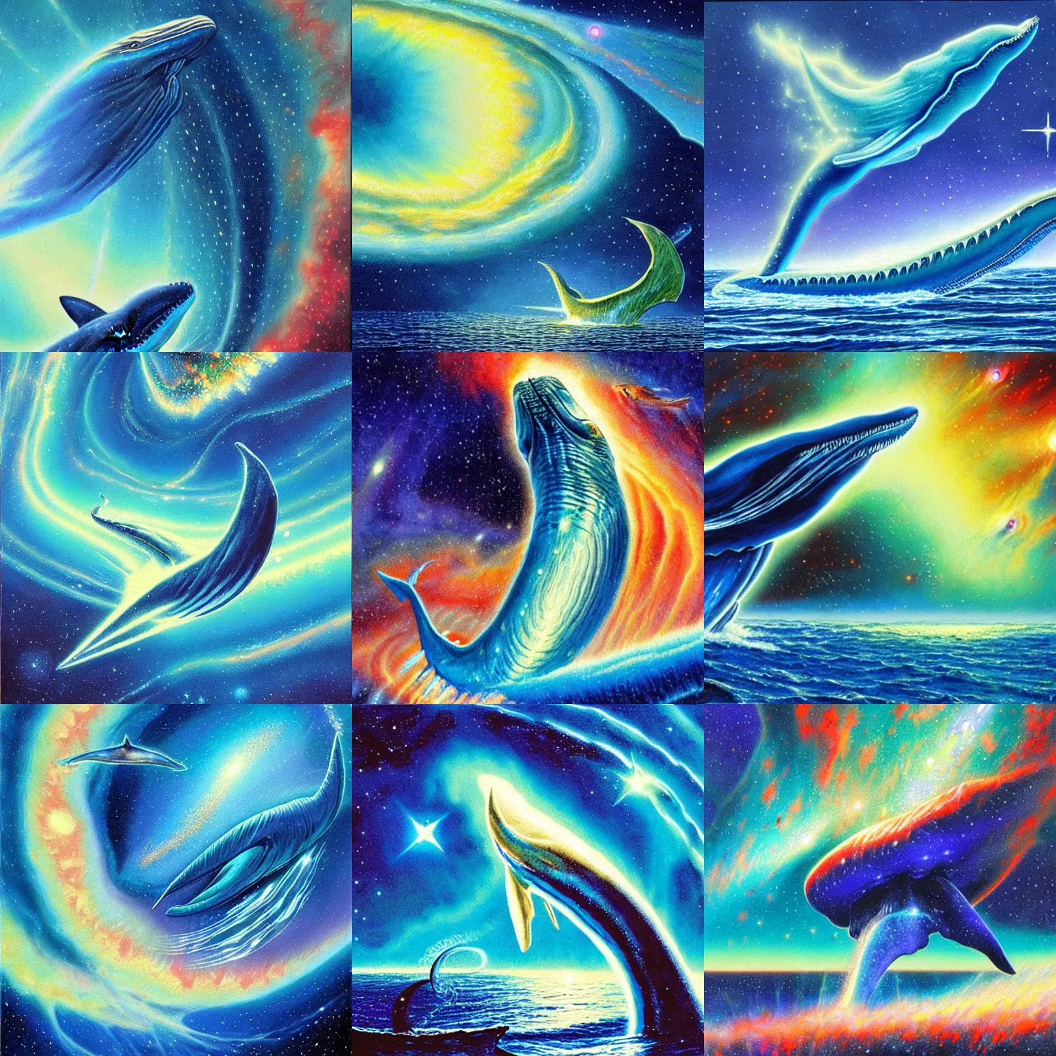 Prompt: finely detailed gouache painting of a blue whale, swirling luminous nebula background, bob eggleton, ultra detailed, gouache illustration of blue whale foreground, colorful nebula background, mike ploog, sharp focus