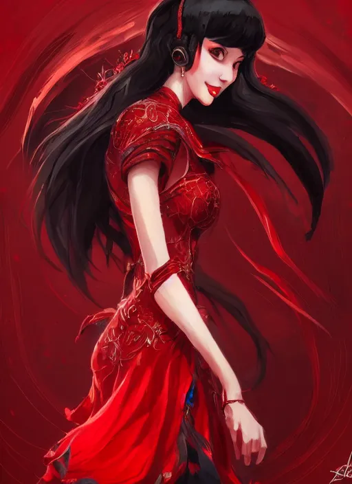 Image similar to a highly detailed illustration of hime cut black haired woman wearing red dress, dramatic smiling pose, intricate, elegant, highly detailed, centered, digital painting, artstation, concept art, smooth, sharp focus, league of legends concept art, wlop