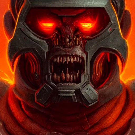 Image similar to portrait of the doom guy from the game doom eternal,digital art,art by greg rutkowski,photorealistic,hyperdetailed,hyperrealistic,detailed face,4k,realistic,deviantart,artstation