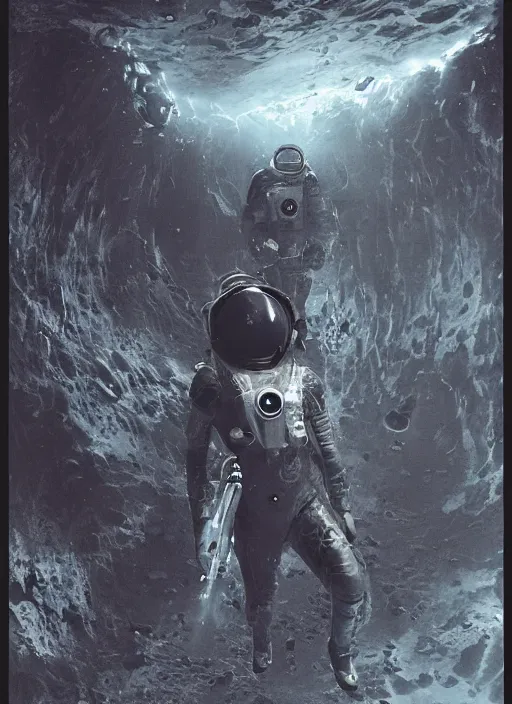Image similar to astronauts in dark and empty void underwater - complex and hyperdetailed technical suit. reflection and dispersion materials. rays and dispersion of light. volumetric light. 5 0 mm, f / 3 2. noise film photo. flash photography. ultra realistic, wide angle. poster by wayne barlowe, hajime sorayama aaron horkey, craig mullins