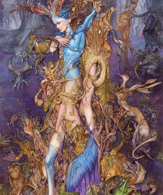 Image similar to a portrait photograph of a meditating fierce colorful harpy antilope super villian queen with slimy amphibian scaled blue skin. she is wearing a living organic dress. by donato giancola, hans holbein, walton ford, gaston bussiere, peter mohrbacher and brian froud. 8 k, cgsociety, fashion editorial