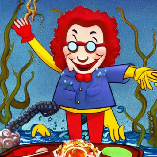 Image similar to Ronald mcdonald eating an octopus underwater