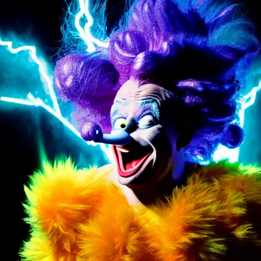 Image similar to uhd candid photo of cosmic krusty the clown as a super saiyan powering up, glowing, global illumination, studio lighting, radiant light, hyperdetailed, correct face, elaborate intricate costume. photo by annie leibowitz