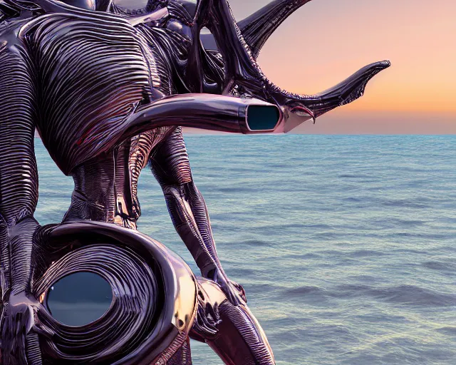 Prompt: a long shot of a giant award winning sculpture of an alien wearing futuristic sunglasses on the ocean, in the style of chad knight, hyper detailed, hyper realistic, ray tracing, 8 k resolution, sharp focus