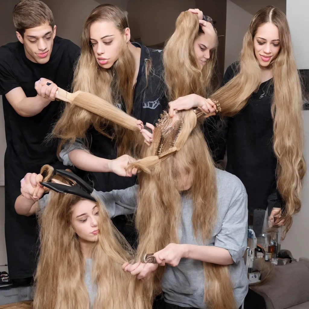 Image similar to pete davidson brushing jessica's long blond hair with a huge hairbrush, comically large hairbrush, ultra - realistic photograph