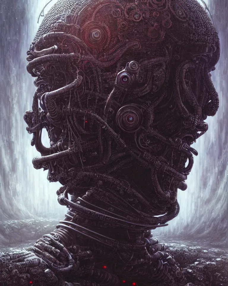 Image similar to ultra realist intricate detailed portrait of a dark samurai cyberpunk girl in an alien landscape, insanity, accurate features, apocalyptic, very intricate details, 8 k resolution, dim lighting, volumetric lighting, artstyle, zdzisław beksinski and keith thompson, award winning