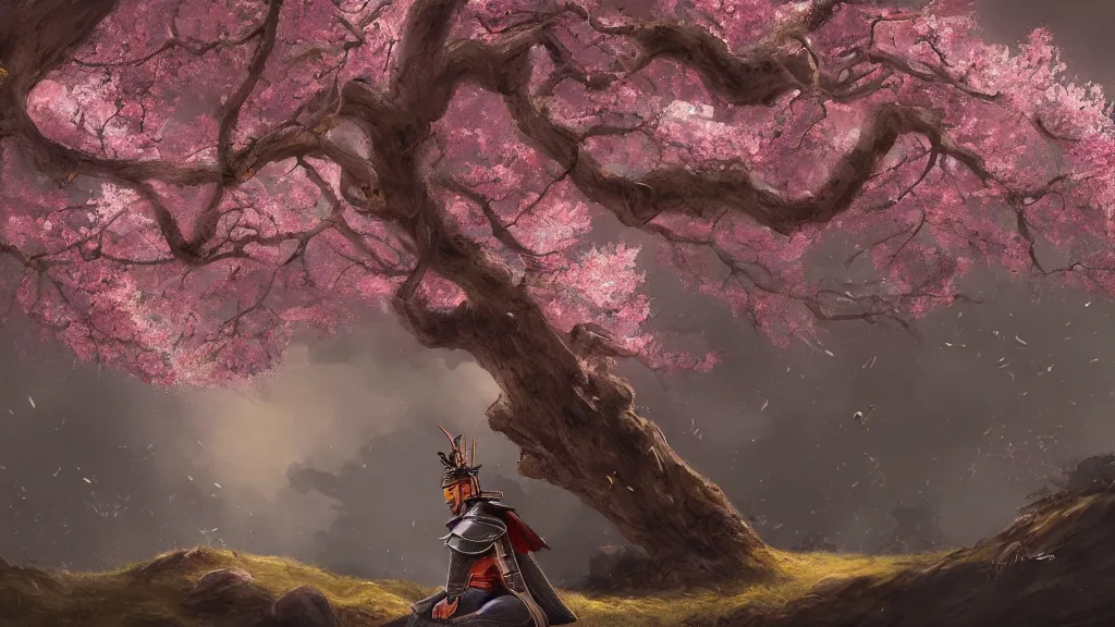 Prompt: beautiful painting of an armoured samurai meditating under a blossom tree, realistic, digital painting, concept art, matte painting, cinematic night lighting, 8 k, highly detailed, detailed terrain