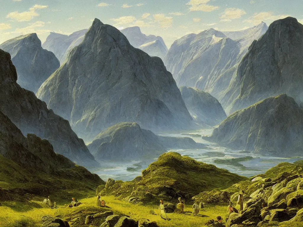 Image similar to a painting of a majestic mountainous landscape of norway in summer by caspar david friedrich, high detail,