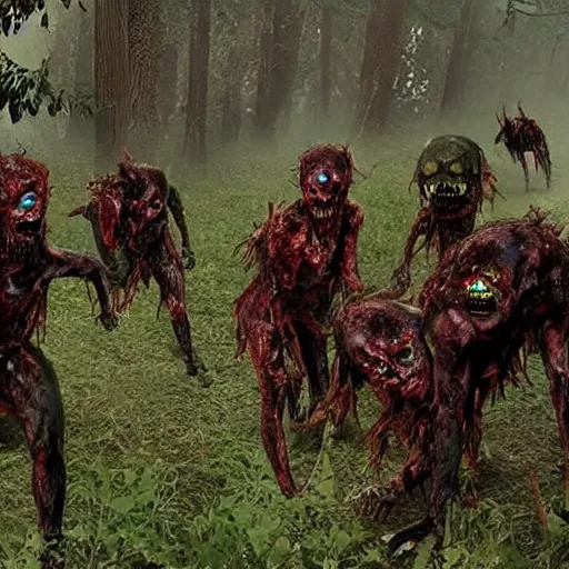 Image similar to The demons have come out to play on august 12th of 2022. they are here they are here they are zombies they are demons indescribable eating flesh skinwalkers. trailcam in 4k.