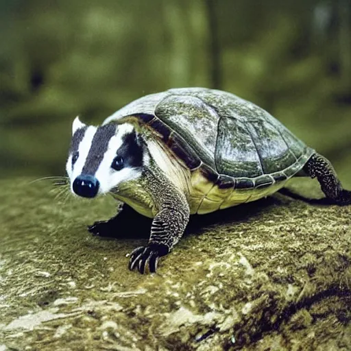 Prompt: hybrid between a badger and a turtle, new species, science experiment, National Geographic photo, 35mm film, nature photography, has science gone too far