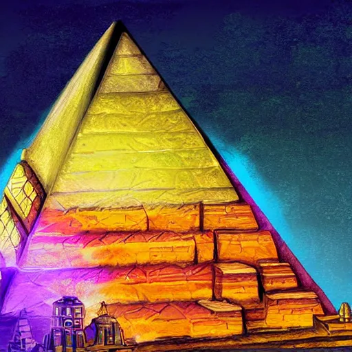 Prompt: bismuth pyramid with light emitting from the top, ancient city, digital painting, baroque