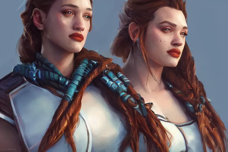 Image similar to Kat Dennings as Alloy from Horizon Zero Dawn by Mandy Jurgens and Artgerm and william-adolphe bouguerea, highly detailed, trending on artstation, award winning, H 768