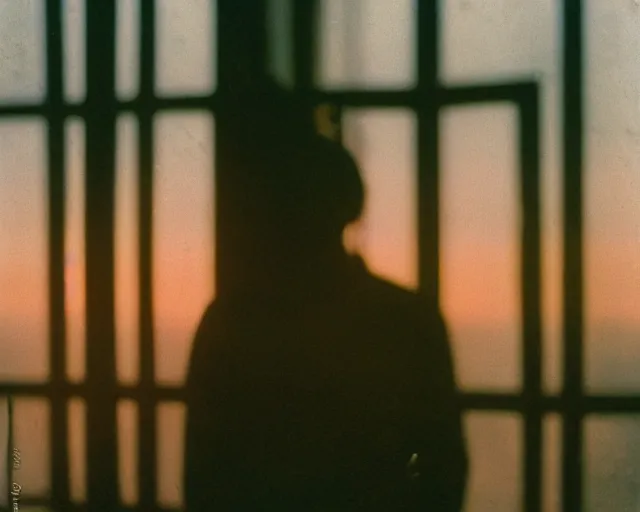 Image similar to award - winning lomographic tarkovsky film still of 4 0 years russian man with beard and sweater standing on small hrushevka 9 th floor balcony in taiga looking at sunset, cinestill, bokeh