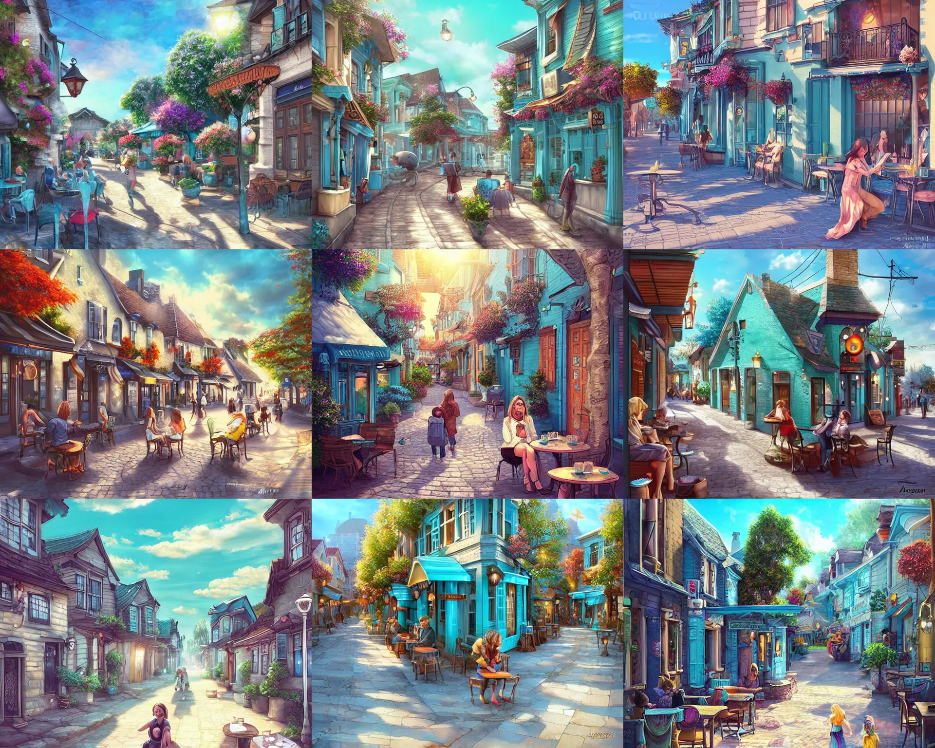 Prompt: street of teal stone, sunlight and whimsical houses, cafe tables, happy people, digital art by artgerm