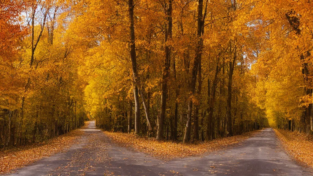 Image similar to a photograph of a country road lined on both sides by maple and poplar trees, in the autumn, red orange and yellow leaves, some leaves have fallen and are under the trees and on the road