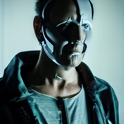 Image similar to portrait of a cyberpunk man, implants in face, dark electronics vibe, 1 9 8 0 s sci fi film still photography, cinematic portrait, studio ghibli character portrait