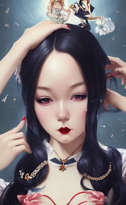 Image similar to a pin up and beautiful fashion and charming and dreamlke japan girl with lv jewelry, character art, art by artgerm lau and kyoung hwan kim and and ilya kuvshinov and john singer sargent, hyperdetailed, 8 k realistic, symmetrical, frostbite 3 engine, cryengine, dof, trending on artstation, digital art