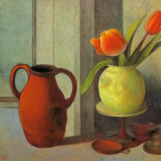 Prompt: Potted Tulip still life, matte painting, in the style of Wood Tankard and Metal Pitcher by Paul Gaugin