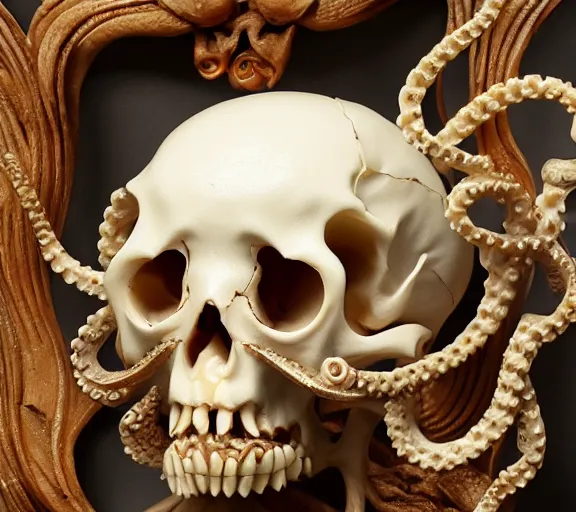 Image similar to an intricately detailed carving in an human - octopus skull, rococo ornate bone and ivory sculpted skull with teeth and tentacles, horror, artifact, micro detailed, inscribed with occult symbols, otherworldly