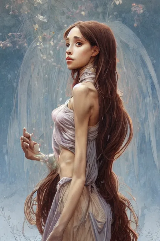 Image similar to malnourished cottagecore anorexic Ariana Grande , unhealthy skinny, sad and unhealthy, intricate, elegant, highly detailed, digital painting, artstation, concept art, smooth, sharp, focus, illustration, art by artgerm and greg rutkowski and alphonse mucha