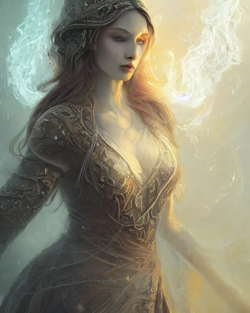 Image similar to a highly detailed portrait of beautiful pale female pyromancer radiating a majestic fiery aura, ornate silvered robes, wispy tendrils of smoke, intricate, digital painting, old english, raining, sepia, particles floating, whimsical background by marc simonetti, artwork by ramond swanland and liam wong