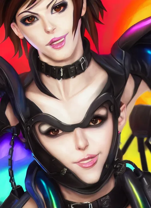 Image similar to portrait bust digital artwork of tracer overwatch, wearing black iridescent rainbow latex tank top, 4 k, expressive happy smug expression, makeup, in style of mark arian, angel wings, wearing detailed black leather collar, chains, black leather harness, detailed face and eyes,