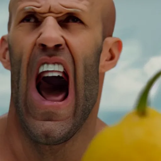 Image similar to ultra realistic professional photo of a lemon yelling at Jason Statham