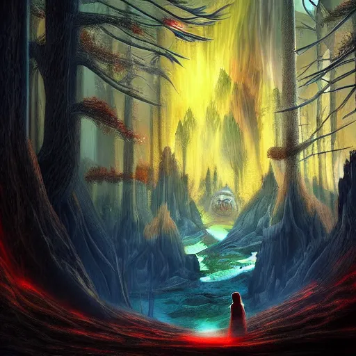 Prompt: a beautiful landscape with a huge teleport to the underworld the underworld is fire and shadow the background is beautiful nature but the background in the shadow world is all fire and monsters digital painting art