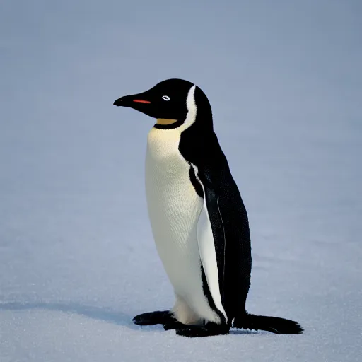 Prompt: photo of penguin sitting on small piece of ice