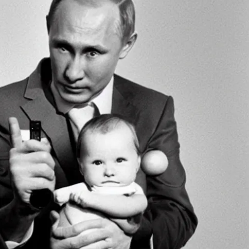 Prompt: vladimir putin holding bomb as a baby