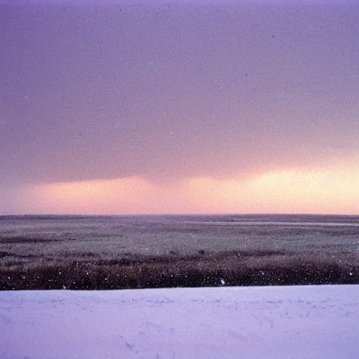 Image similar to photo of kansas flint hills covered in ice and snow, during a snowstorm. a old man in a trench coat and a cane appears as a hazy silhouette in the distance, looking back over his shoulder. cold color temperature. blue hour morning light, snow storm. hazy atmosphere. humidity haze. kodak ektachrome, greenish expired film, award winning, low contrast.