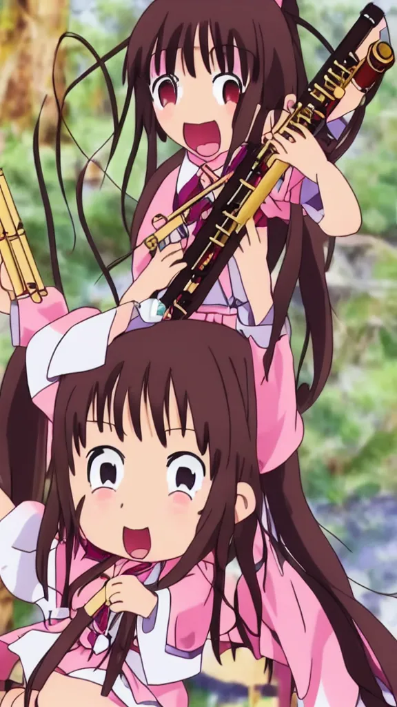 Prompt: Renge Miyauchi from non non biyori, chibi anime, excited expression, playing a recorder