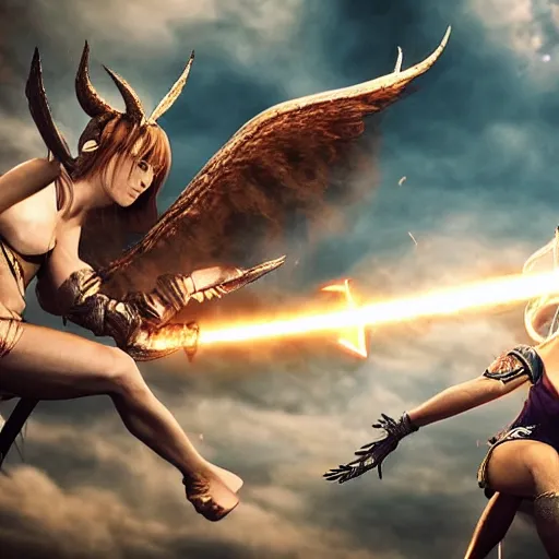 Image similar to an epic battle between a female angel and male demon locked in mortal combat flying through the air, cinematic, excellent lighting, fully rendered, clouds in the background