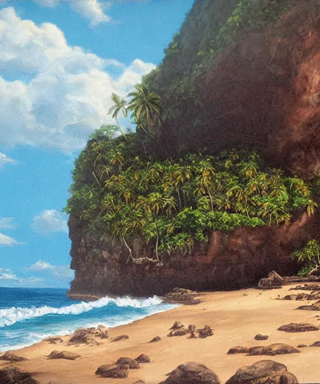 Image similar to photorealistic painting of turtle bay beach jamaica, sharp cliffs, island with cave, dark, atmospheric, brooding, smooth, finely detailed, cinematic, epic, in the style of clyde caldwell