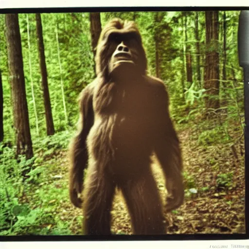 Prompt: 80s polaroid photo of bigfoot in the woods, candid flash photography