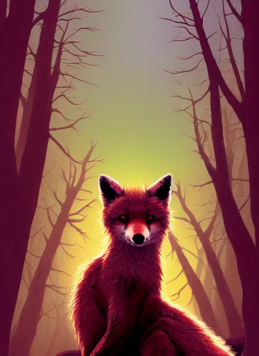 Prompt: Twin Peaks poster artwork by Michael Whelan and Tomer Hanuka, Rendering of a cute furry fox sitting in a magical forest, by Makoto Shinkai and thomas kinkade, Matte painting, trending on artstation and unreal engine