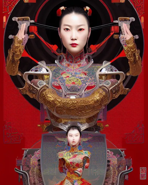 Image similar to portrait of a chinese cyberpunk machine, machine face, arms, upper half portrait, decorated with chinese opera motifs, regal, asian, fine china, wuxia, traditional chinese art intricate intense elegant 京 剧 highly detailed digital painting artstation concept art smooth sharp focus illustration, art by artgerm and greg rutkowski alphonse mucha 8 k