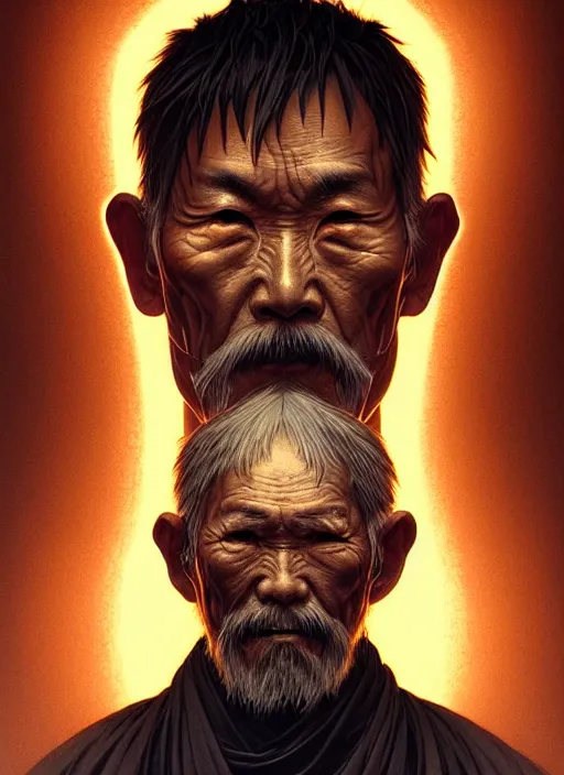 Image similar to symmetry!! portrait of old man japanese warrior, tech wear, glowing lights!! intricate, elegant, highly detailed, digital painting, artstation, concept art, smooth, sharp focus, illustration, art by artgerm and greg rutkowski and alphonse mucha