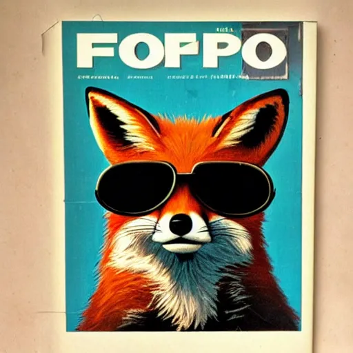 Prompt: a fox wearing sunglasses, cover of a magazine, 1 9 6 8, title, highly detailed