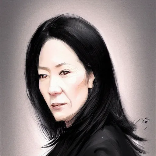 Prompt: Portrait of a woman by Greg Rutkowski, she is about 50 years old, japanese, black straight hair, attractive, elegant, airs of superiority, boss vibes, she is wearing white and black utilitarian jumpsuit, highly detailed portrait, scifi, digital painting, artstation, concept art, smooth, sharp foccus ilustration, Artstation HQ.