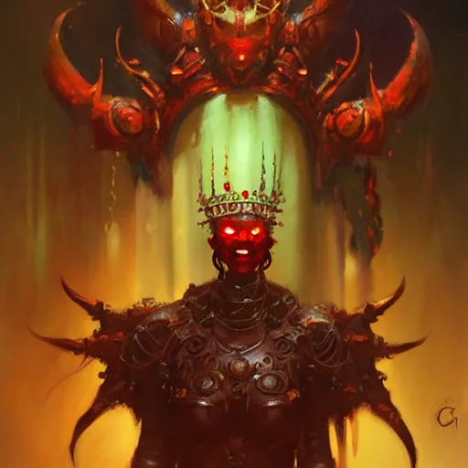 Prompt: attractive demon queen robot with crown and red eyes, painting by gaston bussiere, craig mullins, luis rollo, torso portrait, digital painting, highly detailed, artstation, sharp focus, illustration, concept art, hd