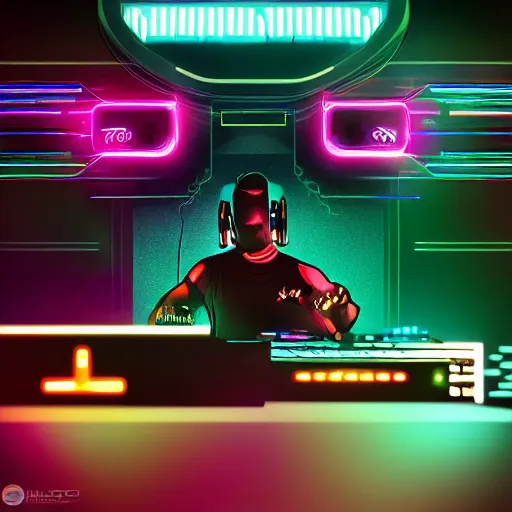 Prompt: electronic dj portrait, dj performing live streaming to online, cyberpunk 2 0 7 7, cyberpunk, photorealistic, ultra detailed, neon, octane, bokeh, cinematic lighting, cyber, cyberpunk city, headphones, studio quality, feature, scars, cyberface, 8 k