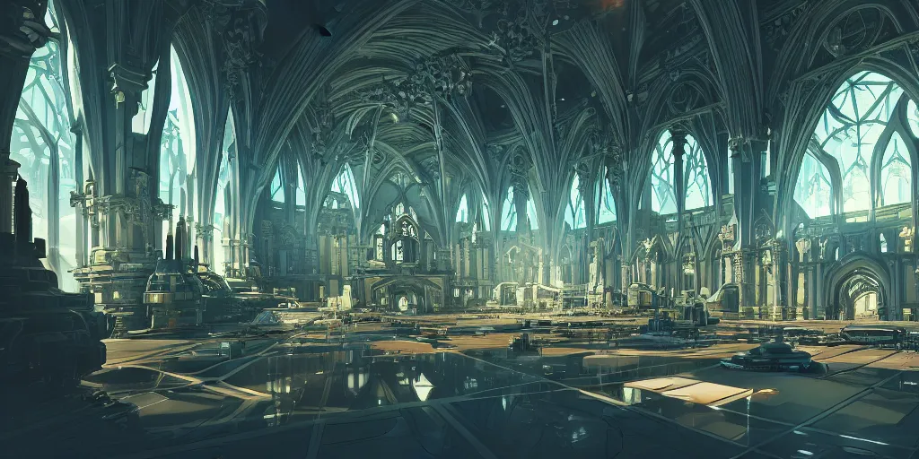 Image similar to cel shaded cinematic shot of the interior of a sci-fi space station with ornate architecture bustling with people and flying cars, epic castle, gothic architecture, emerald, crystalline, detailed illustration, sharp focus, concept art, unreal engine, octane render, god rays