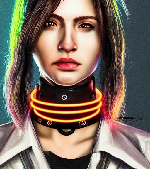 Image similar to detailed realistic female character cyberpunk wearing thick technological collar around neck, realistic, art, beautiful, 4K, collar, choker, collar around neck, punk, artstation, detailed, female, woman, choker, cyberpunk, neon, punk, collar, choker, collar around neck, thick collar, tight around neck, punk,