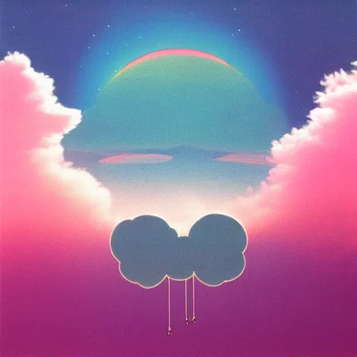 Prompt: 8 0 s new age album cover depicting a fluffy pink cloud in the shape of a hamburger, very peaceful mood