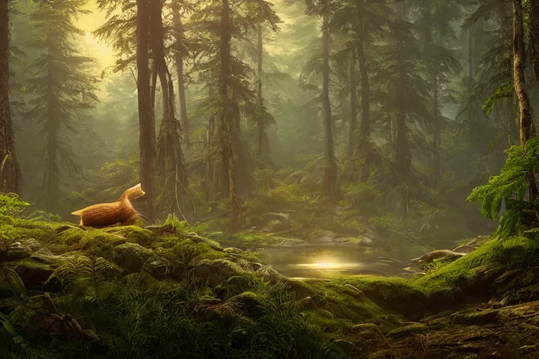 Image similar to a beaver standing in the forest, beautiful dynamic lighting, cinematic, wide angle establishing shot, extremely high detail, photo realistic, cinematic lighting, post processed, concept art, artstation, matte painting, style by frederic church, raphael lacoste, unreal engine 8k